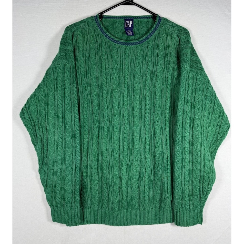 Vintage Gap Sweater Mens XL Green L/S Ramie Cotton Cable Knit Crewneck 90s